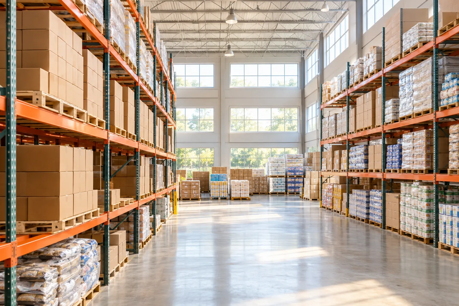 Bright distribution warehouse with tall shelves of neatly stocked boxes
