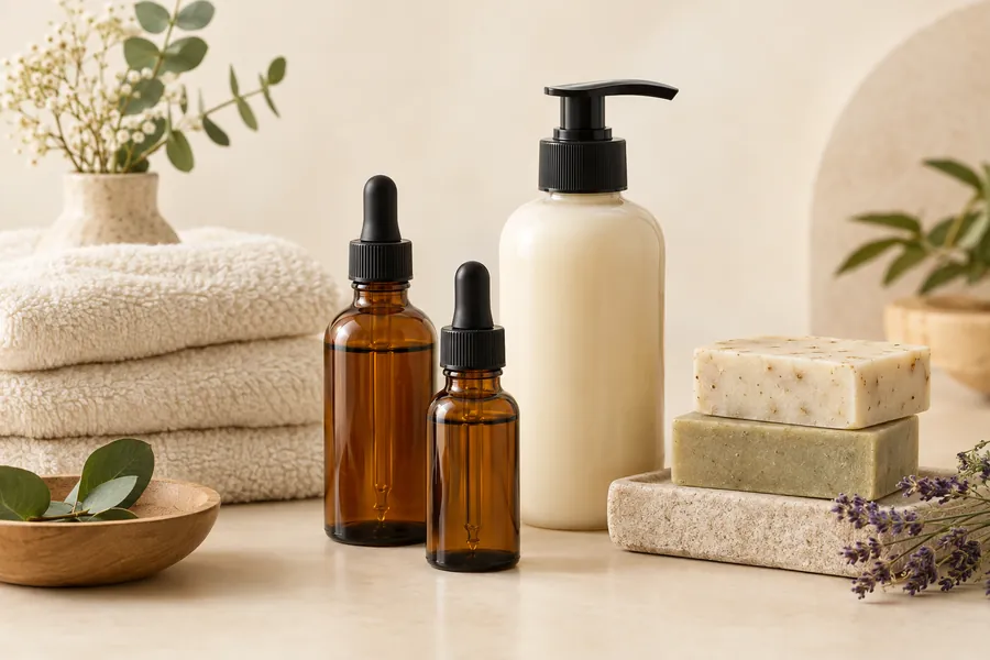Serum bottles, soap bars, and cream towels arranged on a warm ivory backdrop