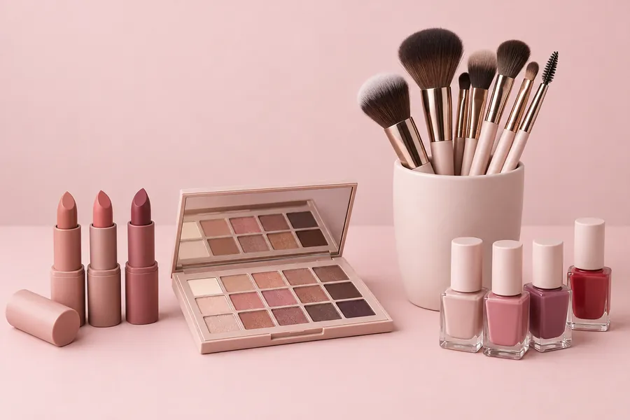 Lipstick tubes, eyeshadow palette, and makeup brushes on a blush pink backdrop