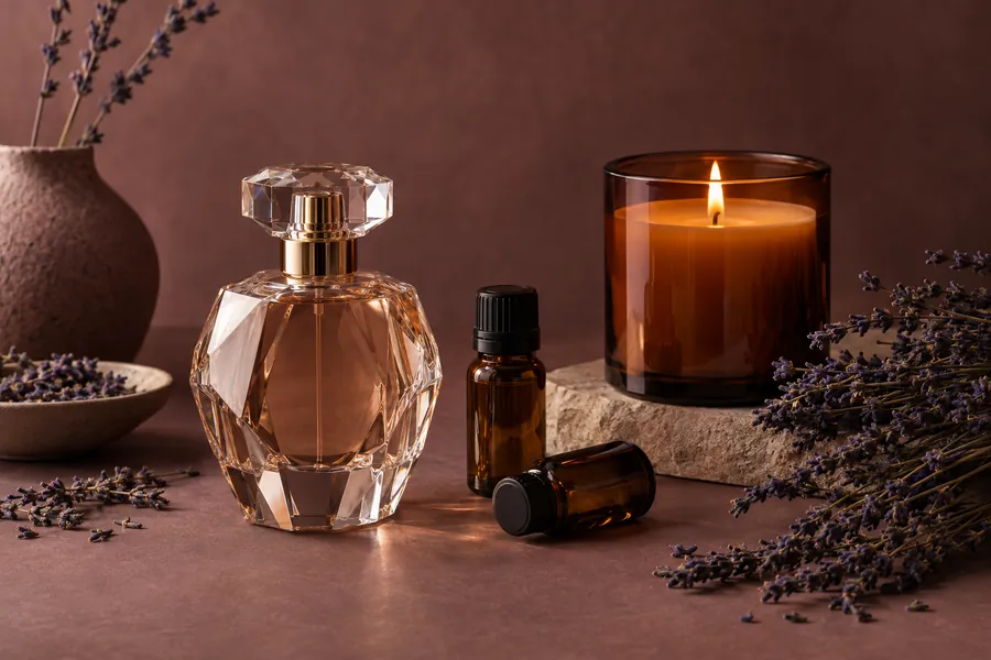 Perfume bottle, essential oil vials, and a scented candle on a mauve backdrop