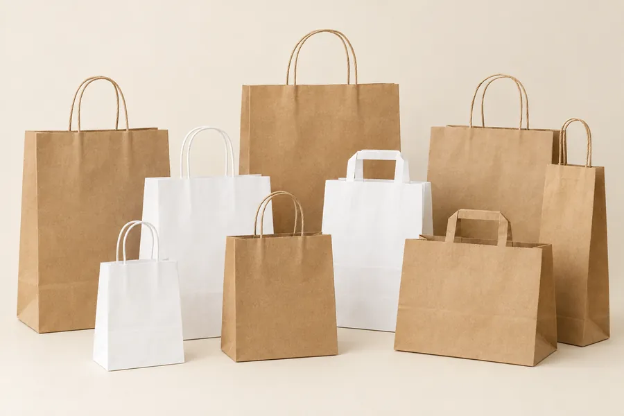 Kraft paper shopping bags with twisted handles arranged on a cream backdrop