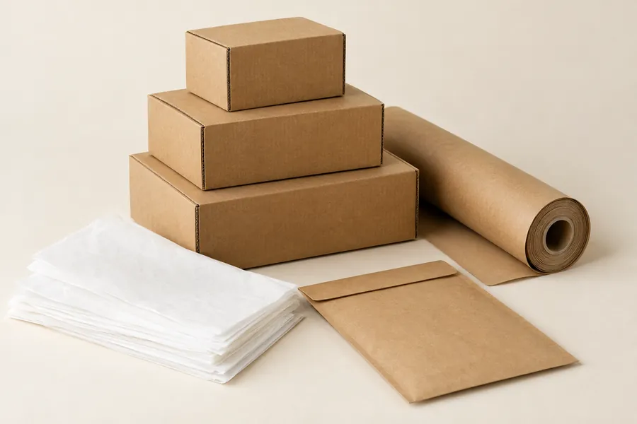 Corrugated kraft boxes, kraft paper roll, and tissue paper on an ivory backdrop