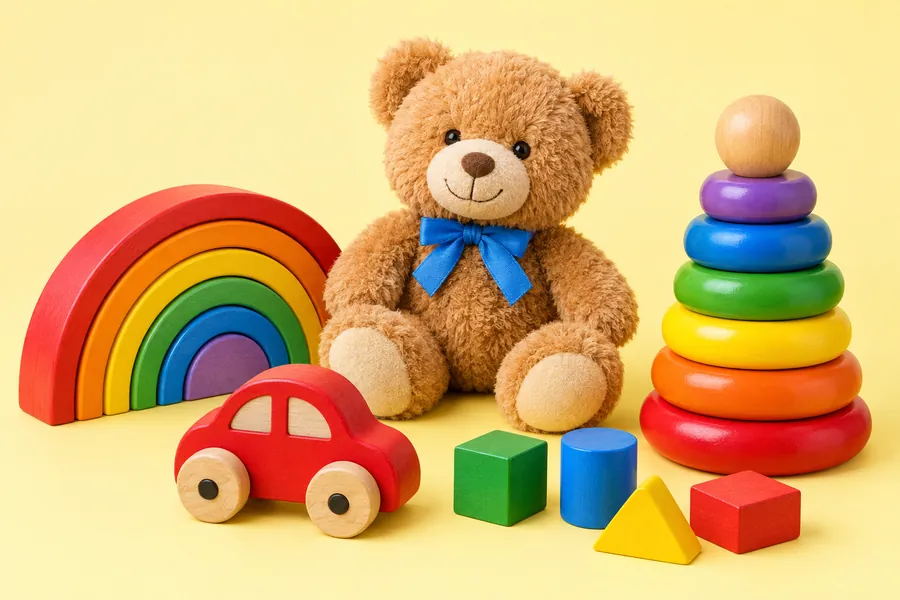 Plush teddy bear, wooden stacking blocks, and toy cars on a pastel yellow backdrop